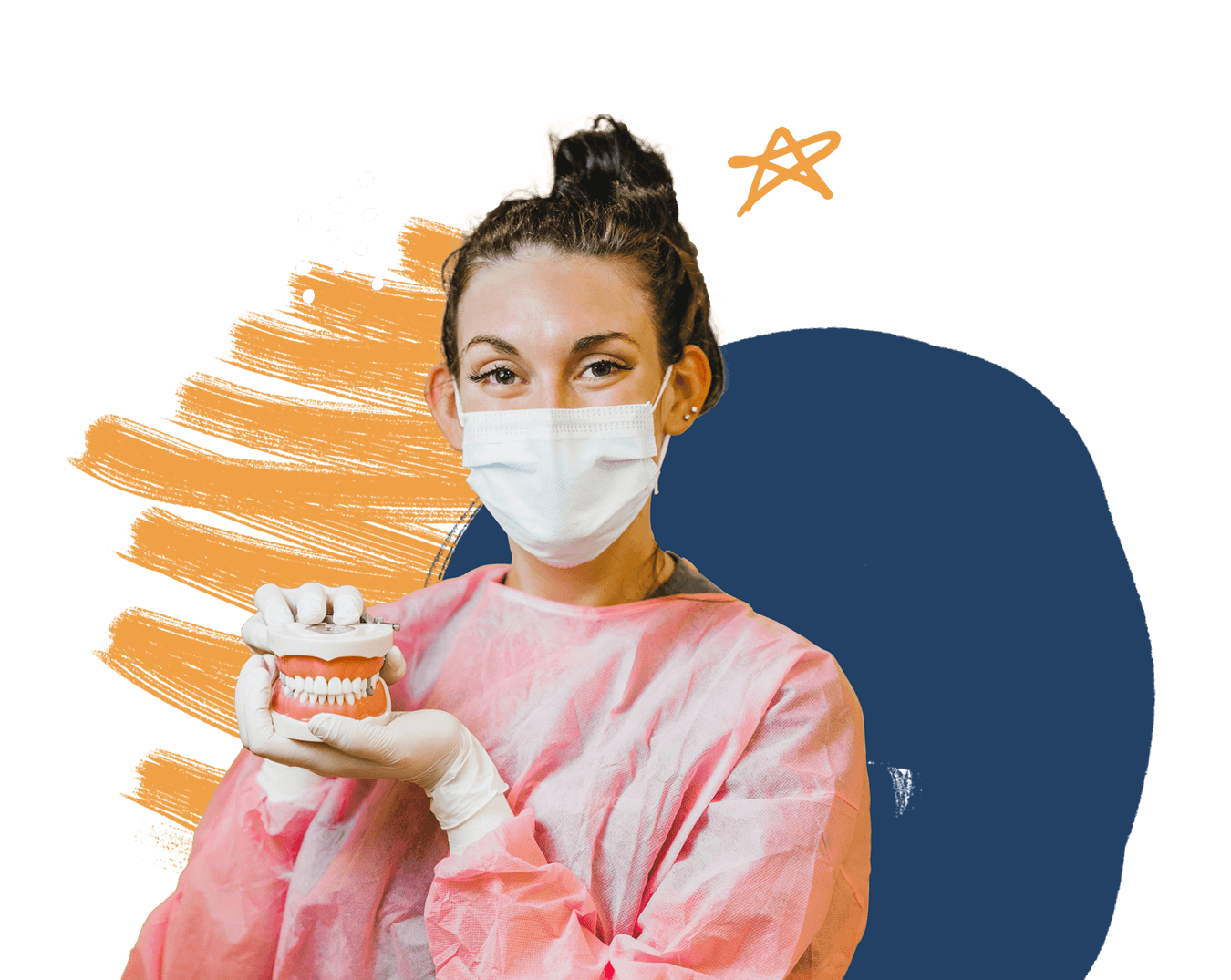 Masked Dental Assistant holding up a teeth model